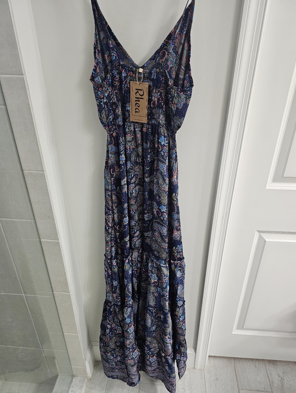 The Rhea Parui Women's Navy Floral Maxi Dress - V-Neck Spaghetti Strap - Picture 7 of 10